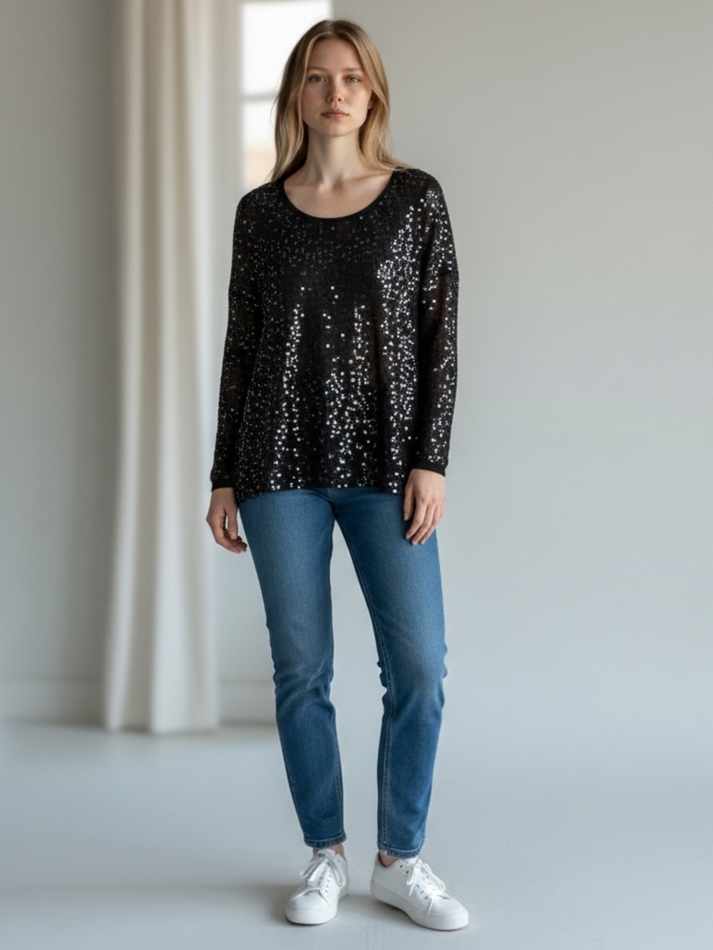 Black Sequin Long-Sleeve Scoop-Neck Women's Top